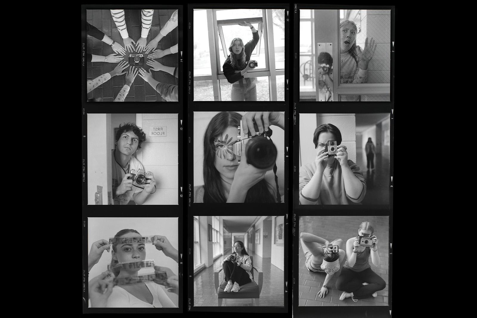 Nine-photo grid of film photographs of students in a film photography class. Eight are pictures of students in the class and one is a photo of their hands around a camera.